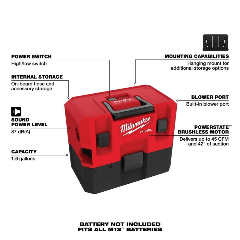 Milwaukee M12 FUEL 0960-20 1.6 gal Cordless Shop Vacuum Tool Only 12 V