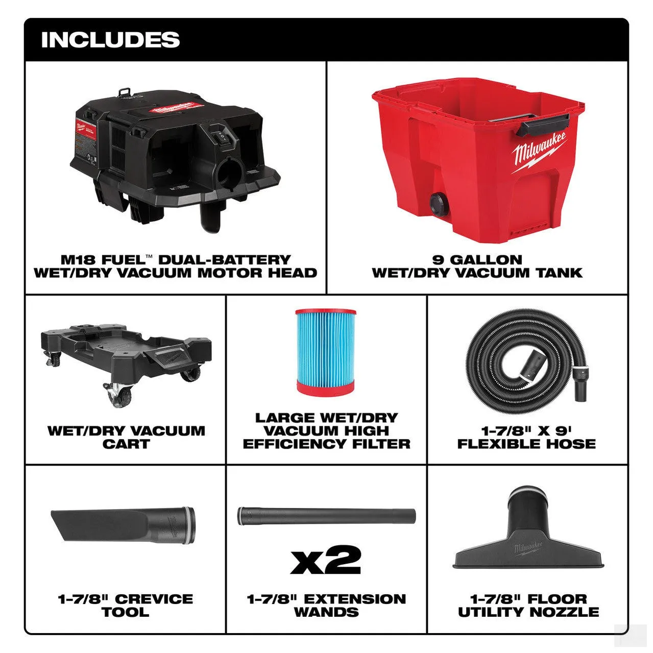 Milwaukee M18 FUEL 9 Gallon Dual-Battery Wet/Dry Vacuum 0920-20