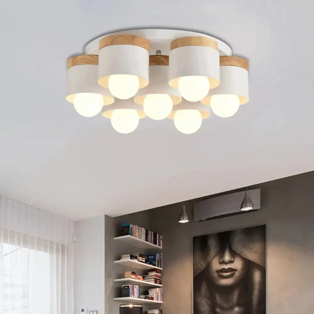 Modern Cylinder Ceiling Lights - 3/7 Heads, Metal and Wood Flush Mount for Indoor Use