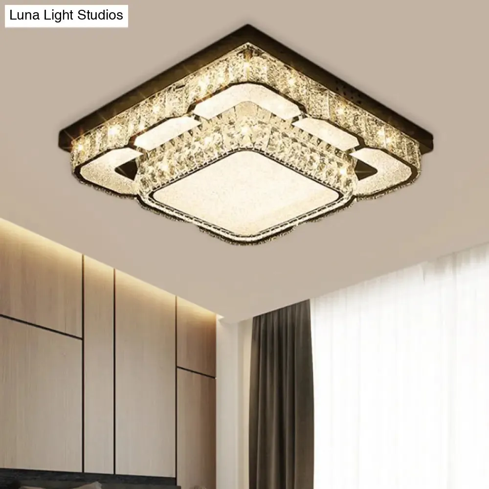 Modern LED Ceiling Lamp with Crystal Block Shade - Chrome Flushmount Lighting