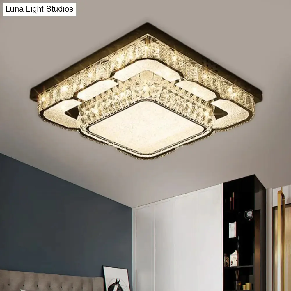 Modern LED Ceiling Lamp with Crystal Block Shade - Chrome Flushmount Lighting