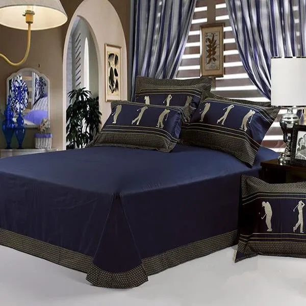 Noble Dark Blue with Figure and Golf Pattern Cotton Luxury 4-Piece Bedding Sets