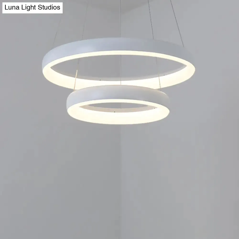 Nordic Metallic LED Pendant Light - Circle Chandelier for Dining Room, 1/2/3-Layered Design, White