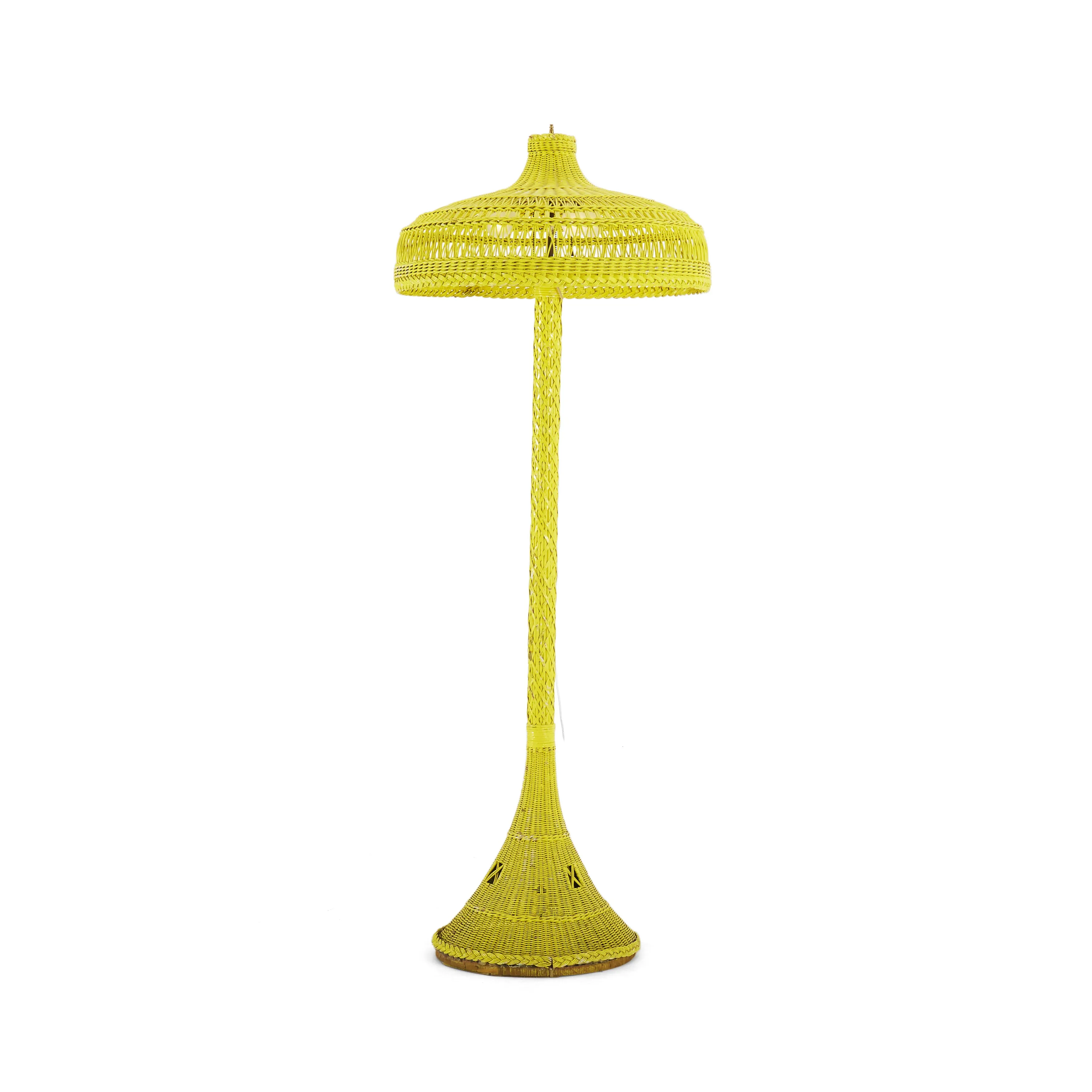 Oversized Yellow Painted Wicker Floor Lamp