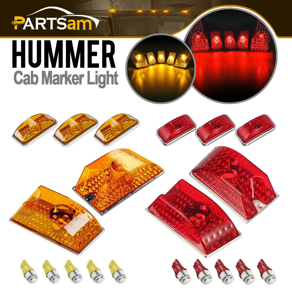 Partsam 10Pcs Replacement for 2003-2009 Hummer H2 and 2005-2009 Hummer H2 SUT Cab Roof Top Clearance Marker Running Lights Front Rear Assembly Kits 264160  10Pcs T10 194 168 W5W 5-5050-SMD LED Bulbs