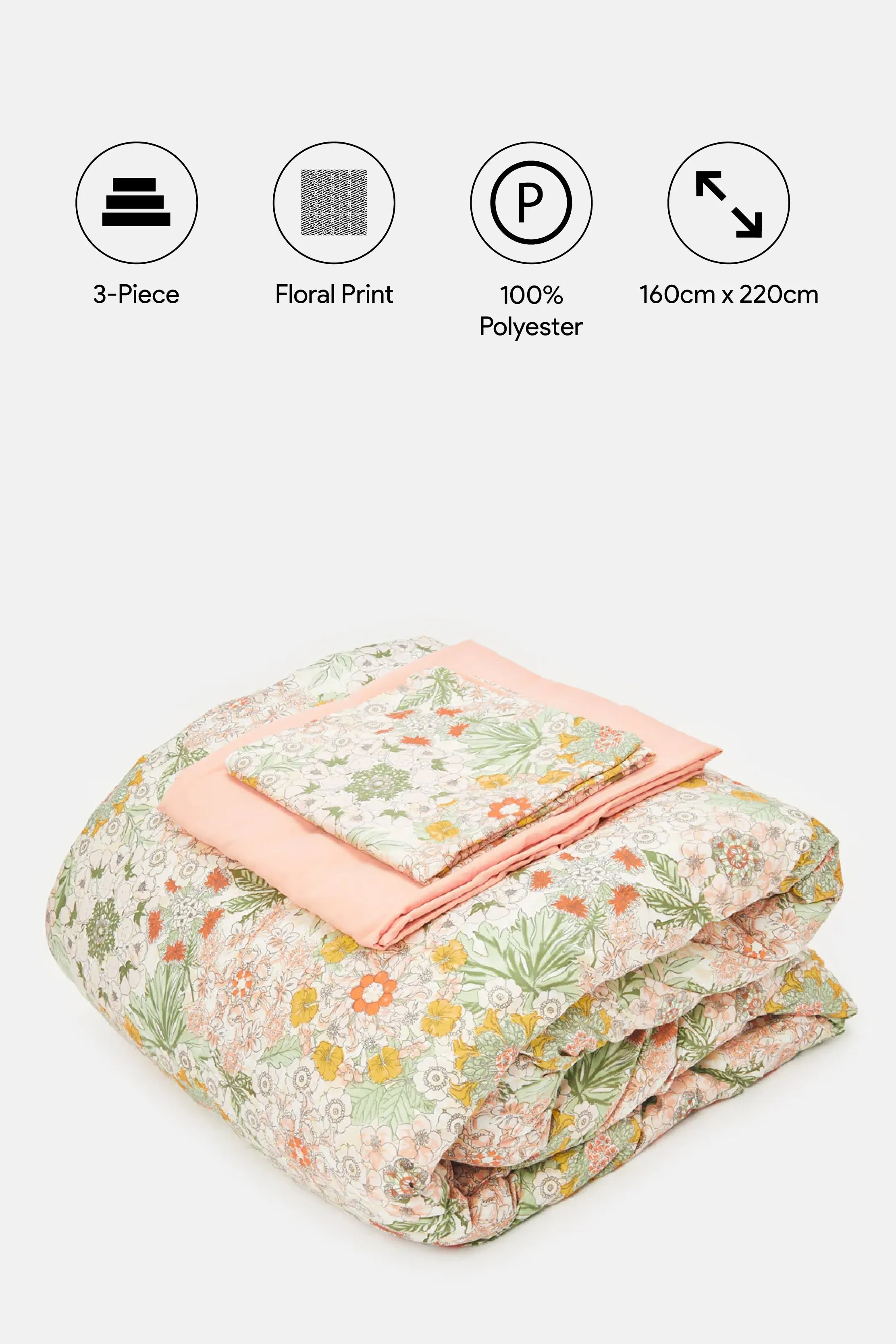 Pink Floral Printed Comforter 3 Piece Set (Single Size)