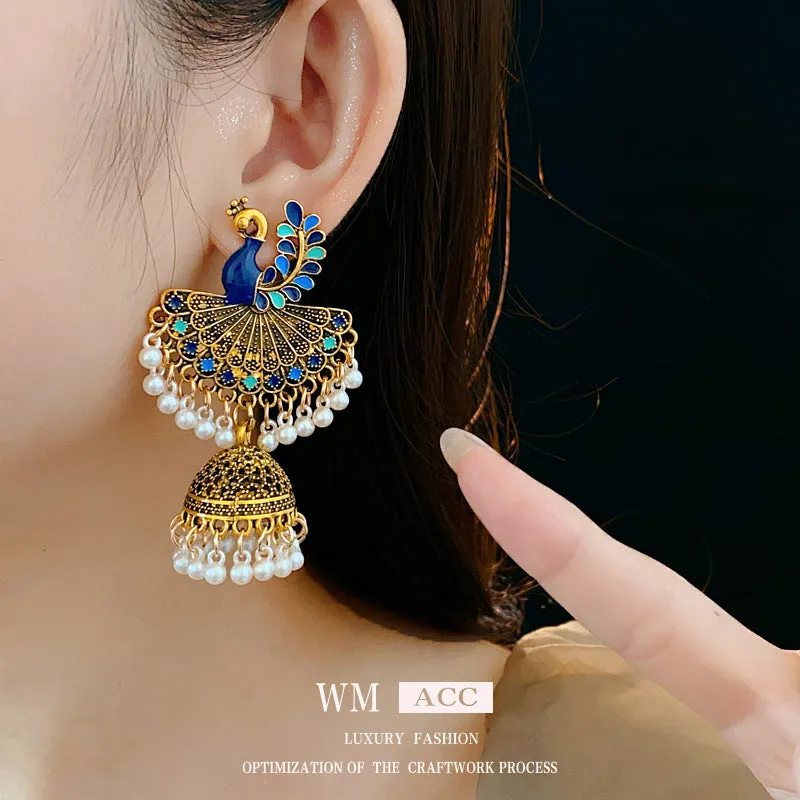 Retro Vintage Fan-Shape Geometric Alloy Oil Dripping Earrings