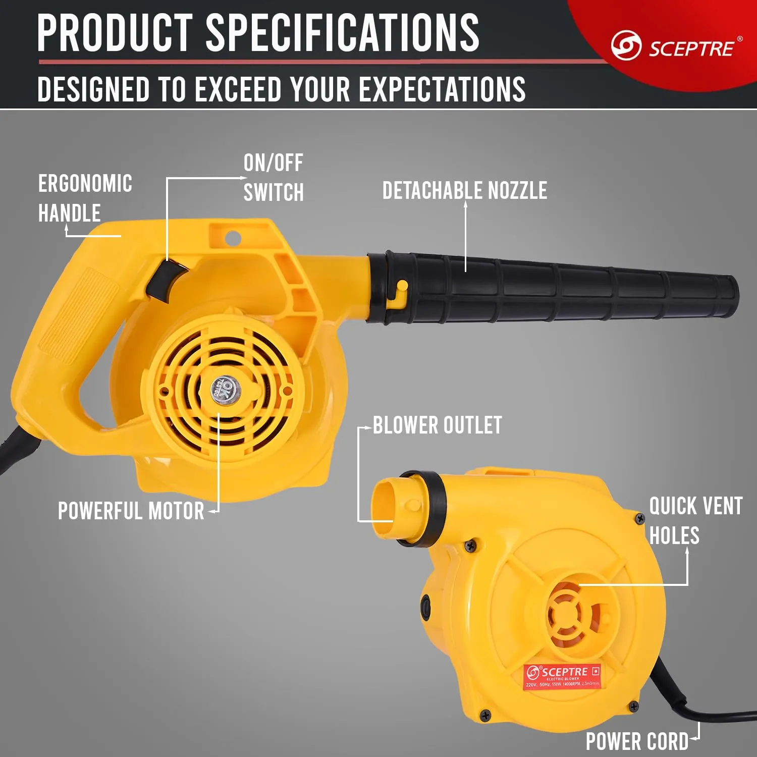 Sceptre SPBK-40 650W Electric Air Blower for Dust Cleaner and Suction 15000 RPM Airfoil Dust Extraction Blower Air Flow 190 km/hr with Unbreakable Body & Glossy Finish (Corded, Yellow)