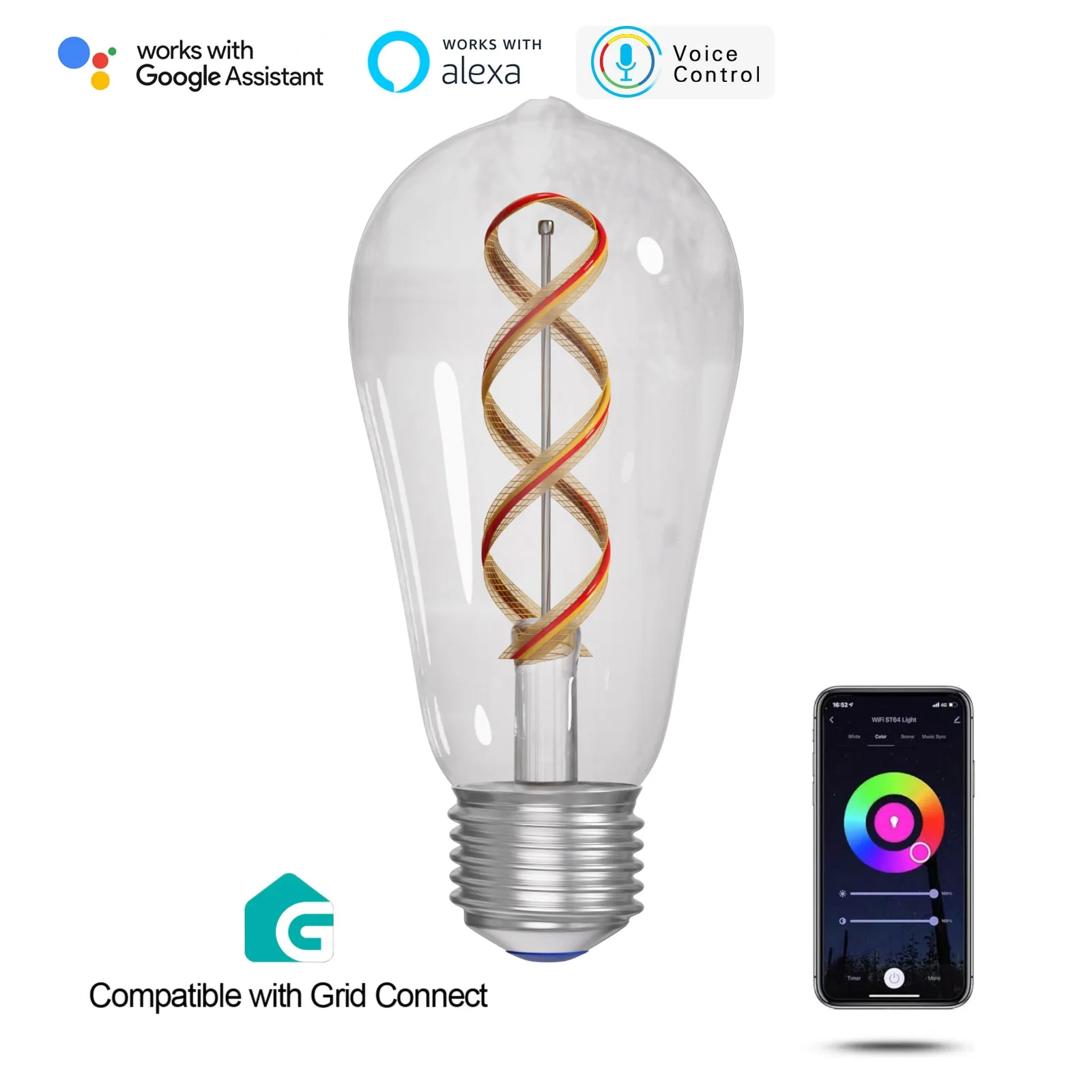 Smart WiFi LED Dimmable Edison Bulb 5W E27 RGBCW Changeable Compatible with Alexa, Google Home No Hub Required