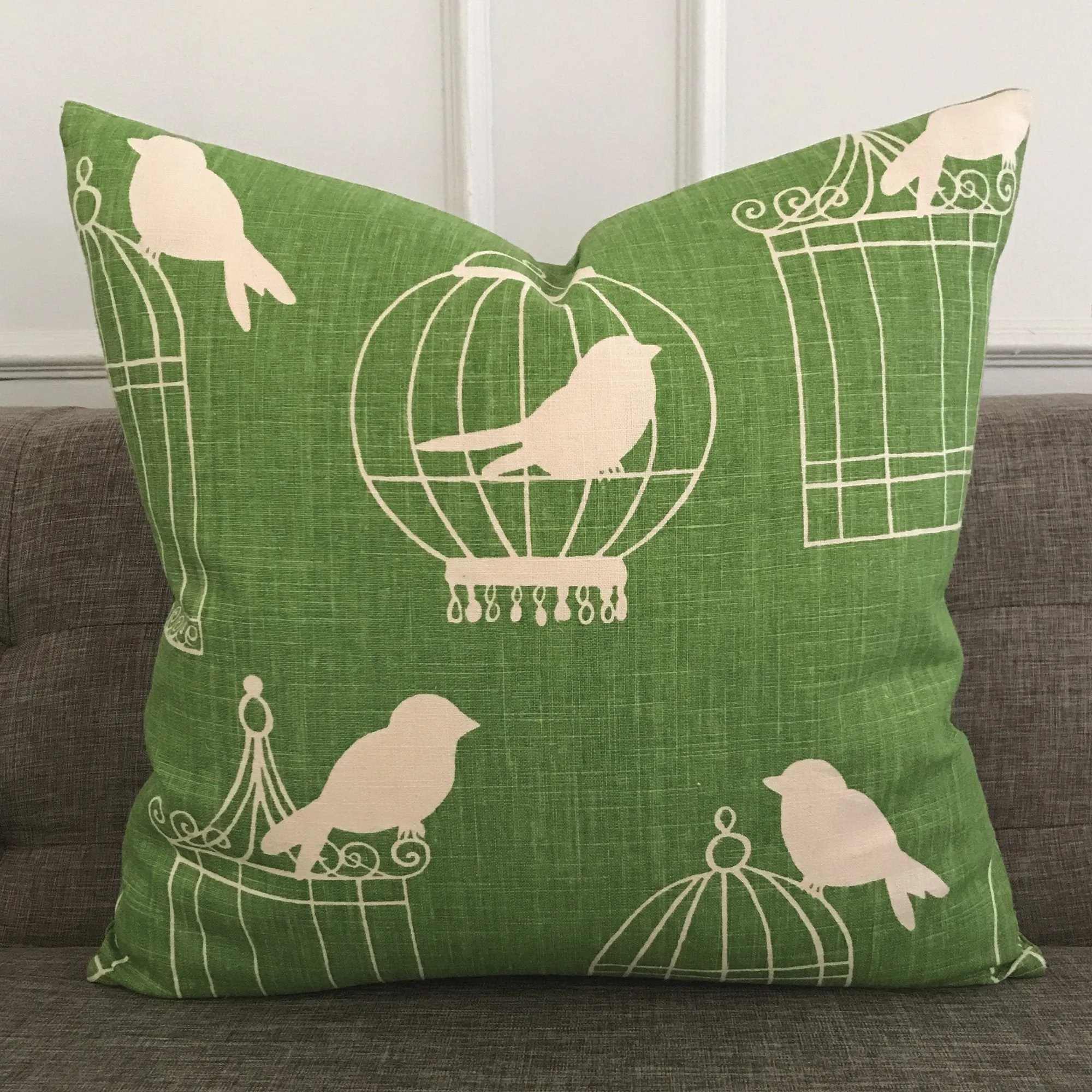 Spring Green Songbird Linen Throw Pillow Cover 22x22