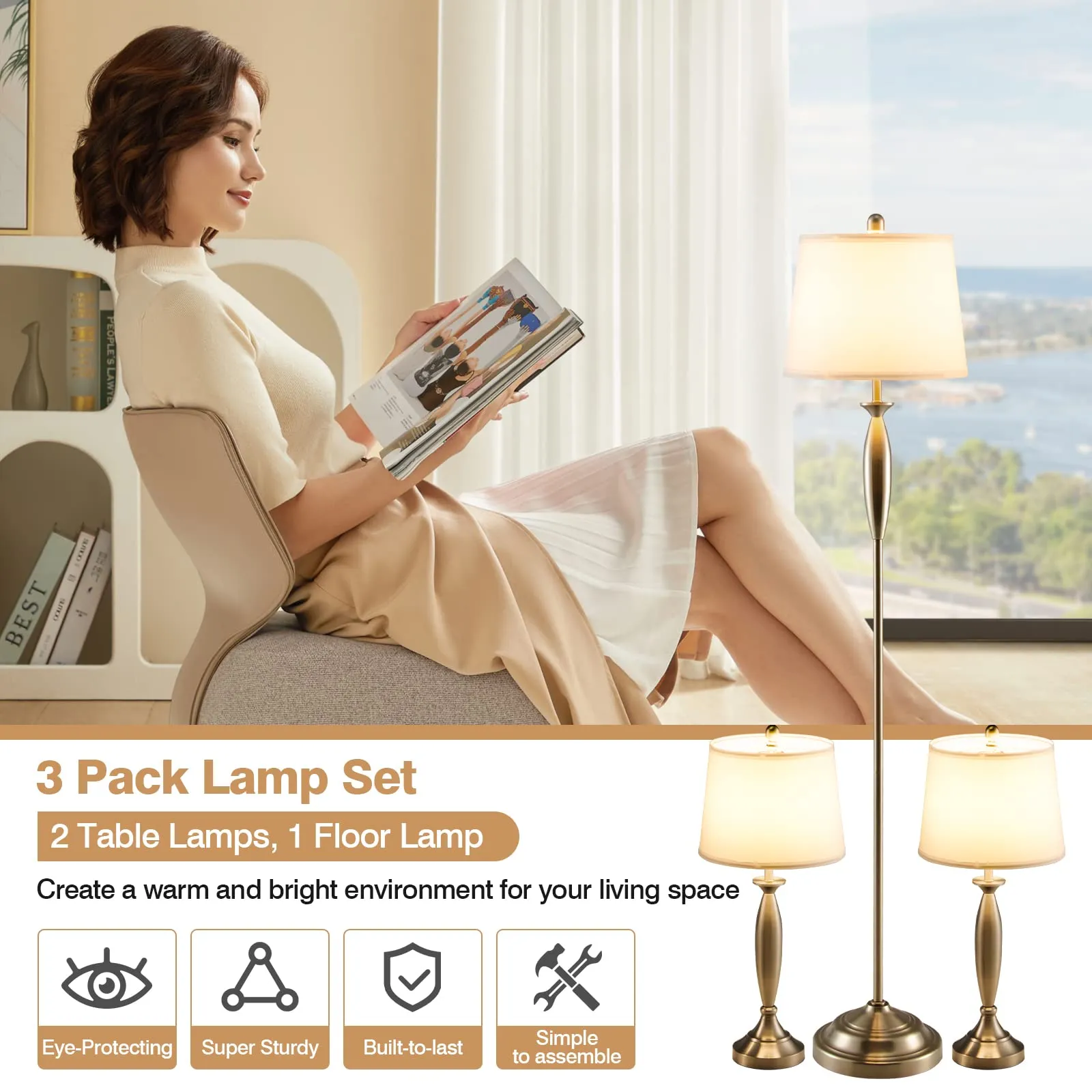 Tangkula 3 Pack Lamp Set, 2 Table Lamps & 1 Floor Lamp, 3-Piece Modern Lamp Set (Nickle)