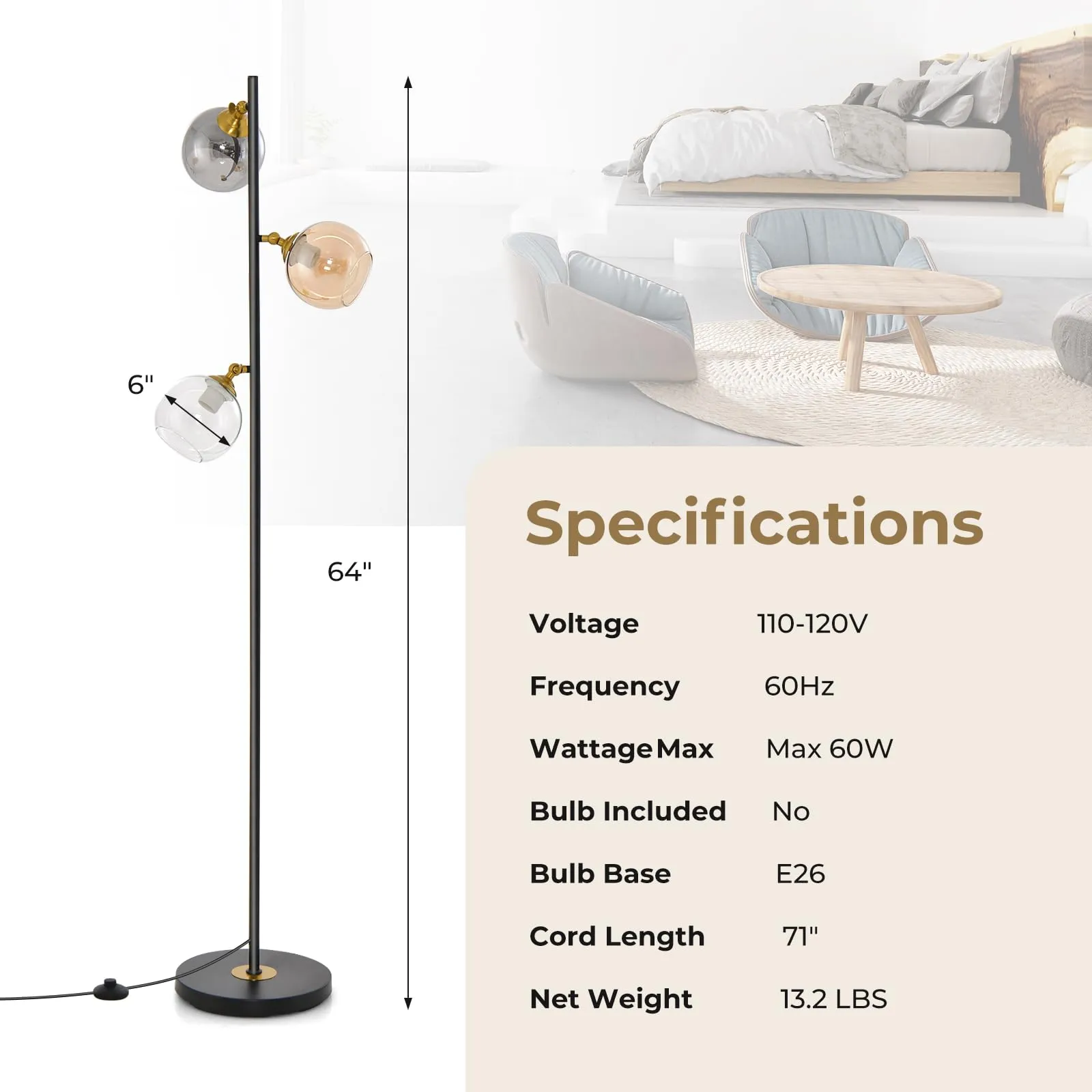 Tangkula Mid Century Floor Lamp, Modern Freestanding Lamp with 3 Glass Globe Lampshades