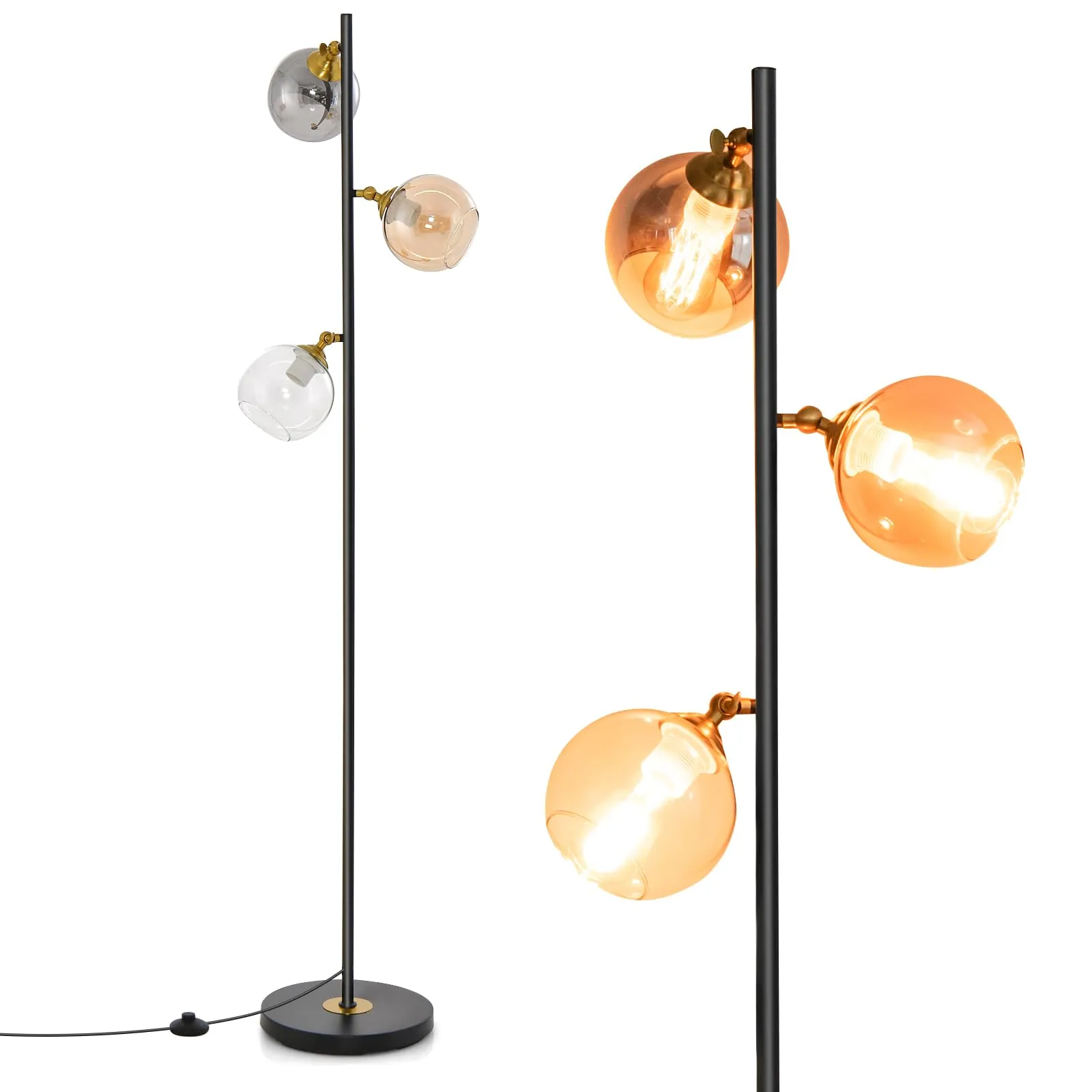 Tangkula Mid Century Floor Lamp, Modern Freestanding Lamp with 3 Glass Globe Lampshades