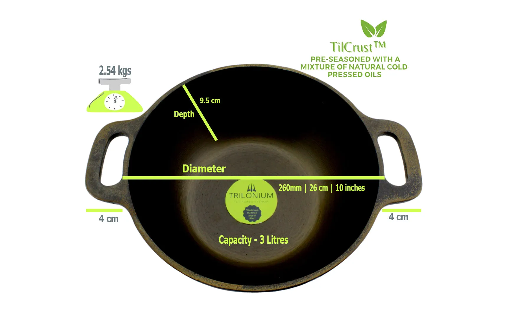 Trilonium Pre-Seasoned Cast Iron Kadai With Lid Machined Smooth, 10 Inches, 2.54 Kgs