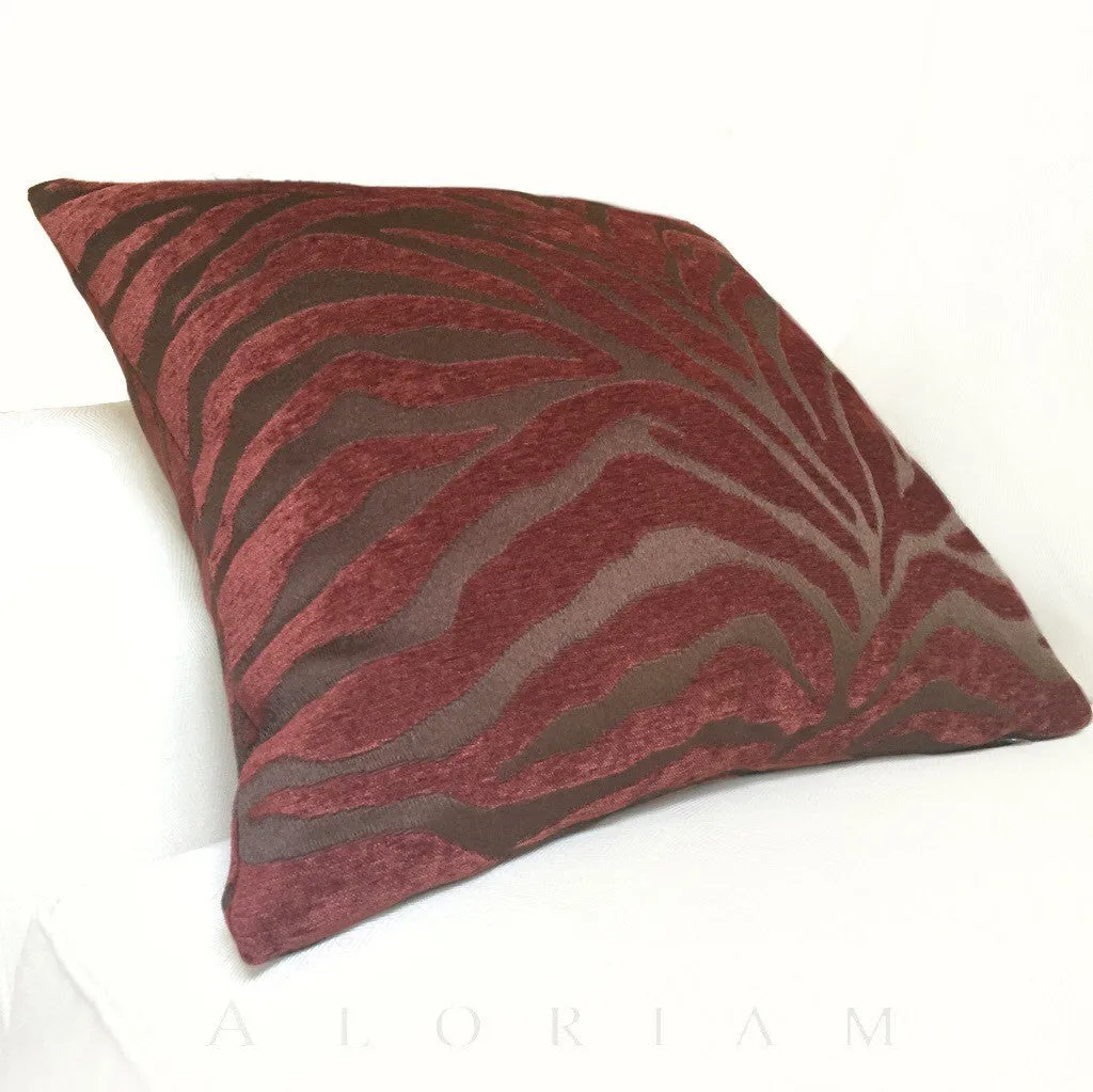 Two Tone Dark Brown Redwood Animal Stripe Pattern Upholstery Chenille Pillow Cover