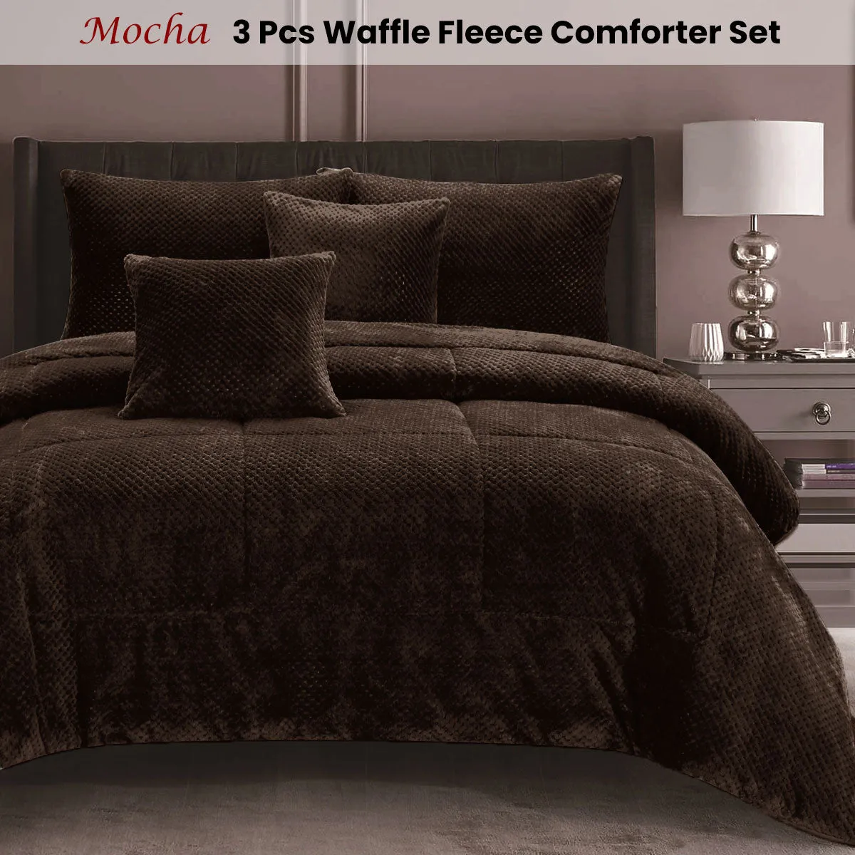 Waffle Fleece Mocha 3 Pcs Comforter Set King