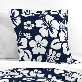 White Hawaiian Hibiscus Flowers on Navy Blue Euro Pillow Sham