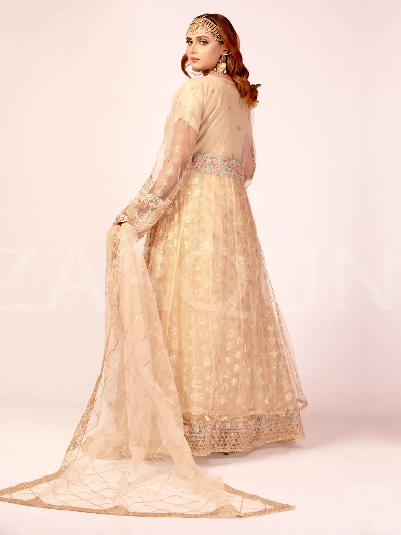 Zarqun Skin-Gold Soft Net Kalidar Maxi 3-Piece Suit