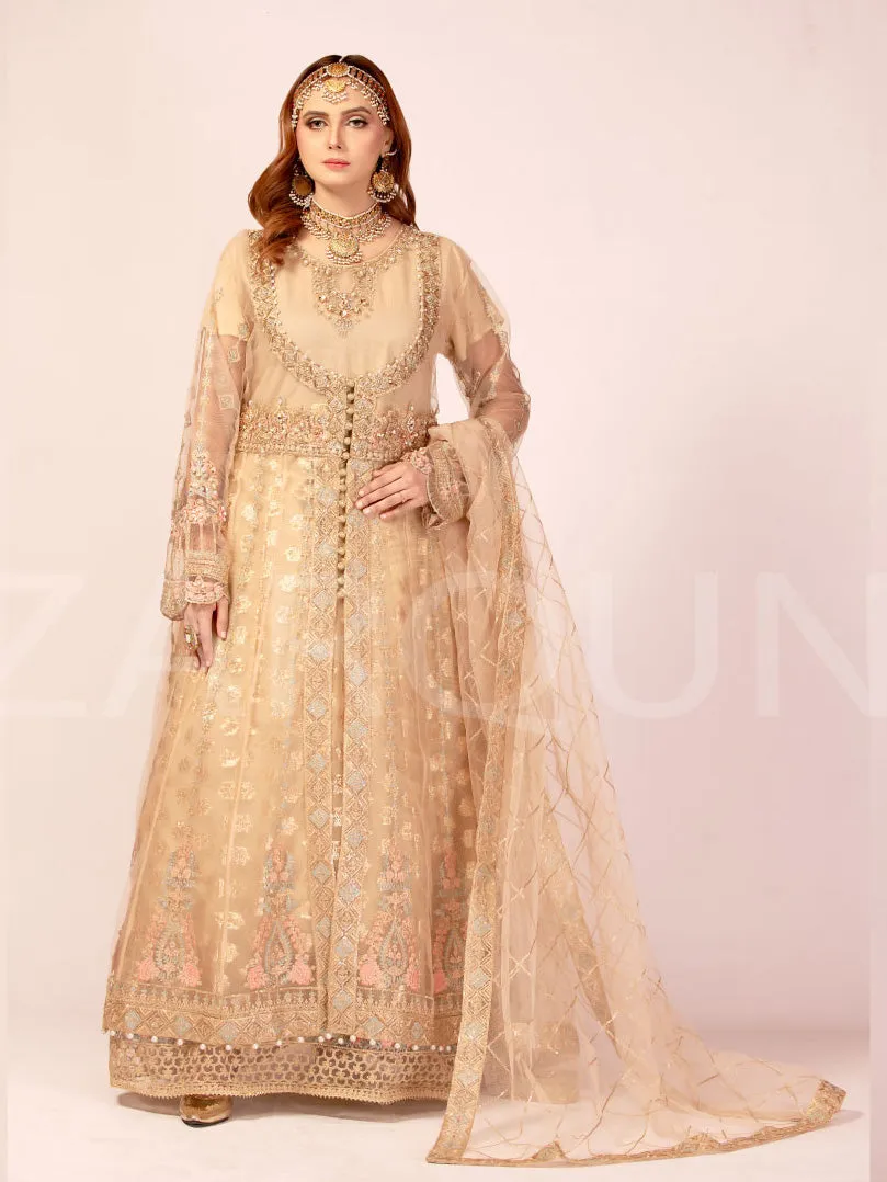 Zarqun Skin-Gold Soft Net Kalidar Maxi 3-Piece Suit